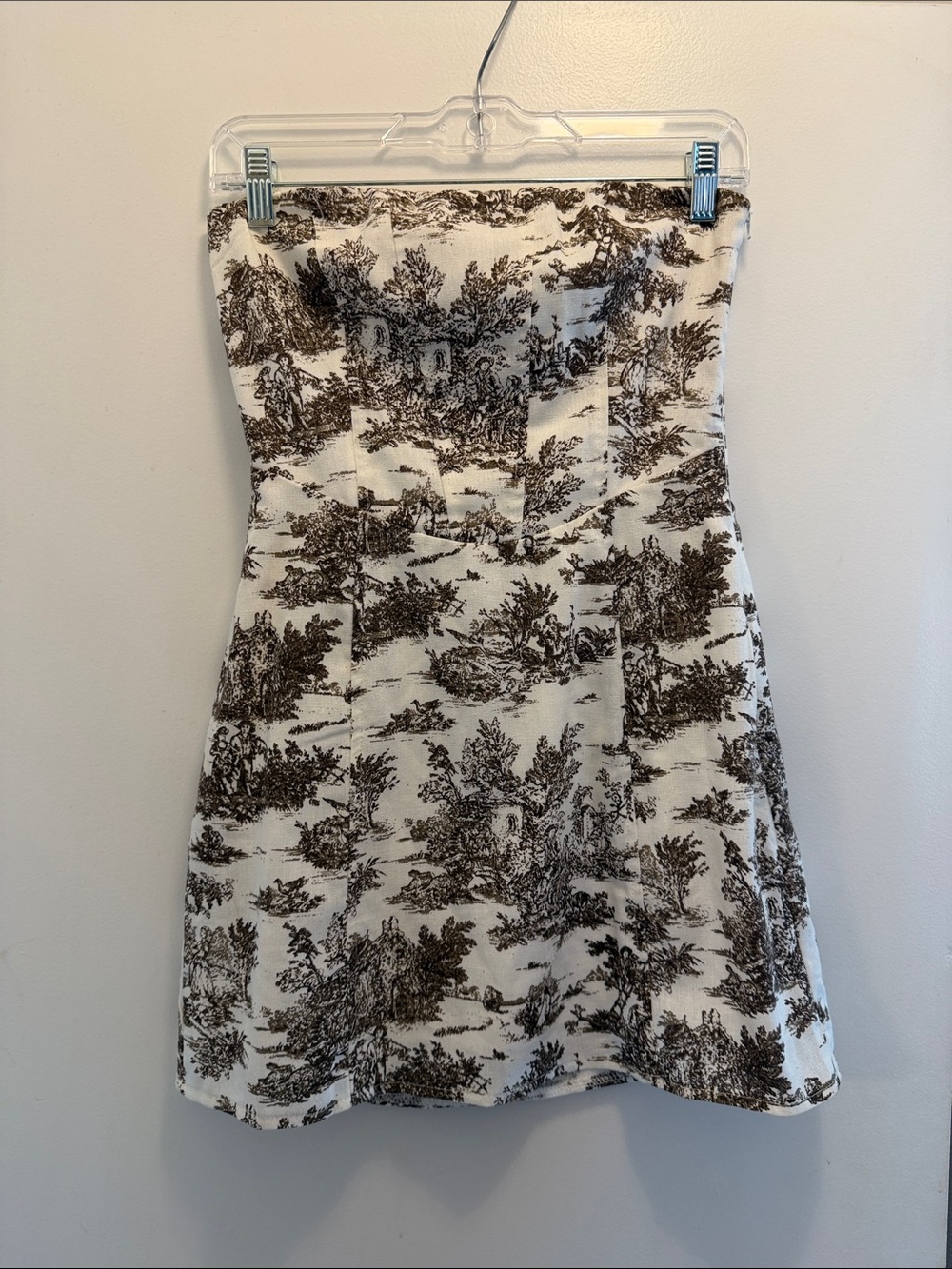 Windsor Strapless Toile A-Line Mini Dress in White and Brown